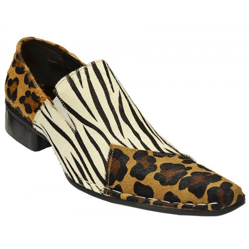 Fiesso White / Black / Brown Zebra / Leopard Hair Genuine Leather Loafer Shoes FI6678